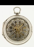 Antiek skelet horloge met idemm wijzerplaat in hollandse stijl. Uurwerk gesigneerd: 'Warren 110'. Buitenkast met zilvermerken voor London 1769. Diameter 48mm.