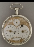 Kapteins zilveren zakhorloge, snek-spillegang met dubbele wijzerplaat, emaille wijzerplaat met goudopdruk, gesigneerd 'Courvoisier & Comp'. ca 1800