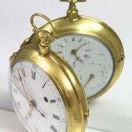 Groot verguld spillegang stopwatch zakhorloge met dubbele wijzerplaat met centrale secondewijzer.