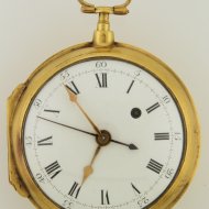 Groot verguld spillegang stopwatch zakhorloge met dubbele wijzerplaat met centrale secondewijzer.