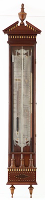 Hollandse bakbarometer, thermometer, controleur met tinnen schaalplaten door 'D. Sala, Leyden' ca 1780.