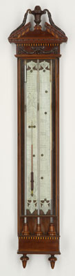 Antieke hollandse bakbarometer, thermometer, controleur met tinnen schaalplaten door 'D. Sala, Leyden' ca 1780.