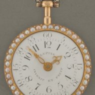 Frans gouden gemailleerd Lpine virgule horloge met chatelaine in doos.