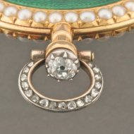 Frans gouden geémailleerd Lépine virgule horloge met chatelaine in doos.