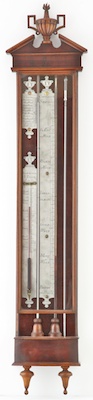 Antieke hollandse bakbarometer, thermometer, controleur door 'I, Tessa, Rotterdam'. Tinnen schaalplaten. ca. 1770