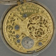 Duits 8-daags zilveren spillegang horloge met dubbele kast. Gesigneerd: 'G.W. Bolte, Rinteln'. ca 1750