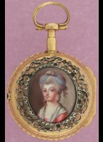 Vergulde dubbele kast met fijn geëmailleerd damesprortet in een zilveren met 'rhine'steenjes bezet ornament. Uurwerk en emaille wijzerplaat gesigneerd: 'Bordier a Geneve'. diameter 36 mm. ca 1780